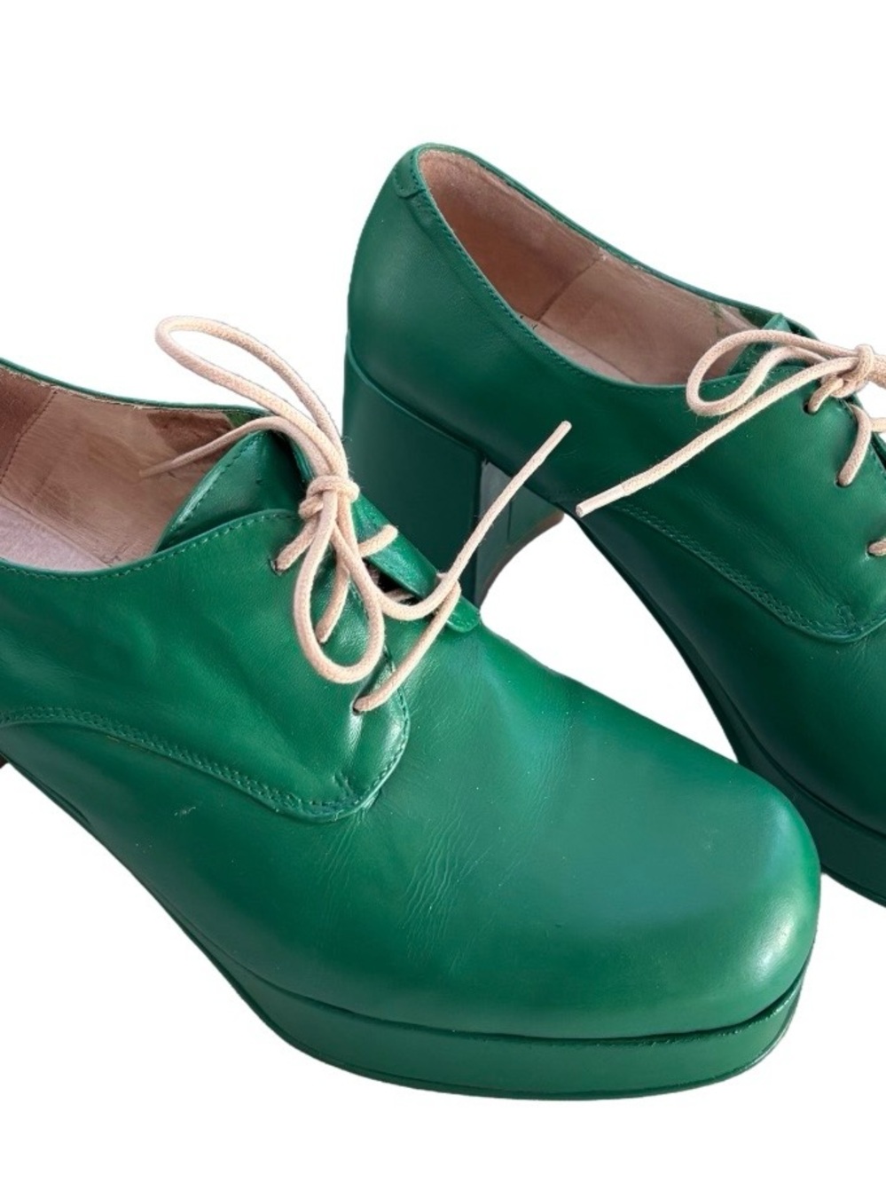 INTENTIONALLY BLANK Emerald Green Leather Platform Lace-Up Heels
